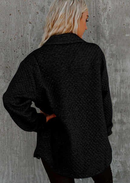 Black Retro Quilted Flap Pocket Button Shacket