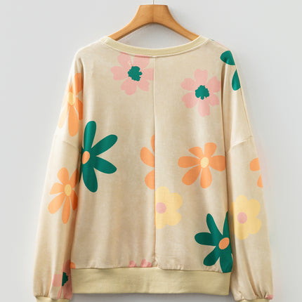 Khaki Washed French Terry Flower Print Sweatshirt