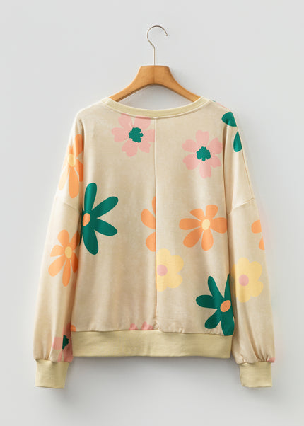Khaki Washed French Terry Flower Print Sweatshirt