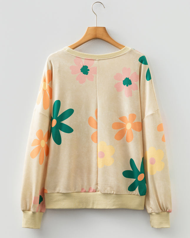 Khaki Washed French Terry Flower Print Sweatshirt