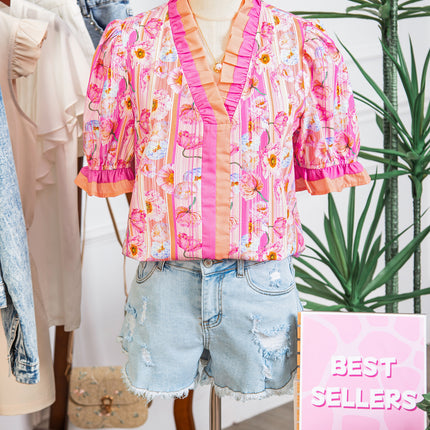 Pink Poppy Flower Striped Print Color Block Trim V Neck Short Sleeve Blouse