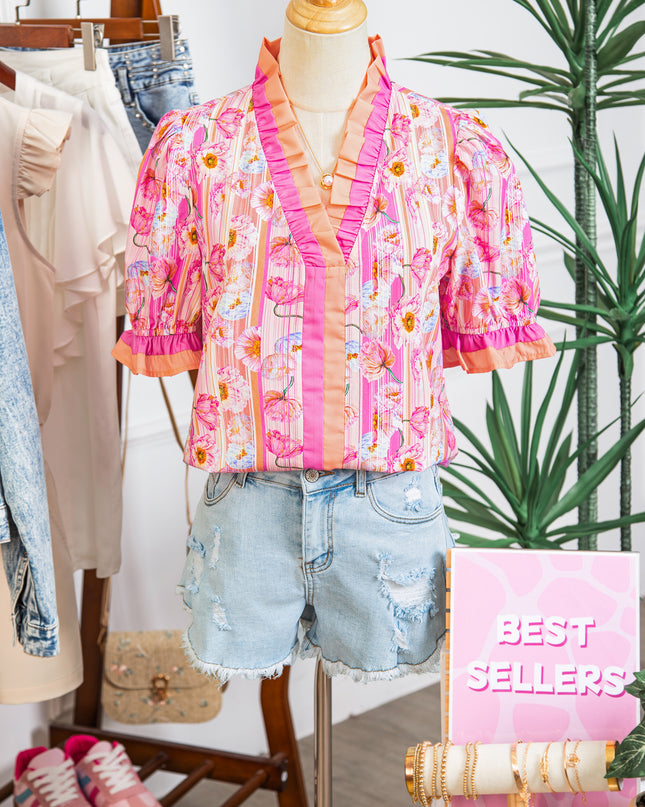 Pink Poppy Flower Striped Print Color Block Trim V Neck Short Sleeve Blouse
