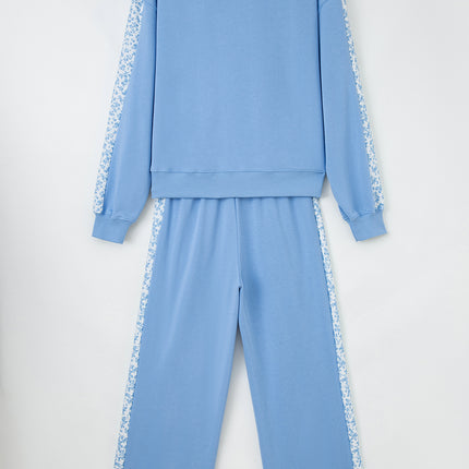 Beau Blue Floral Patchwork Drop Shoulder Pullover and Sweatpants Lounge Set