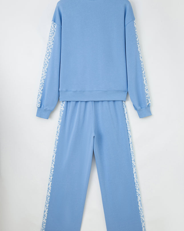 Beau Blue Floral Patchwork Drop Shoulder Pullover and Sweatpants Lounge Set