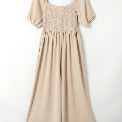 Apricot Short Bubble Sleeve Smocked Wide Leg Jumpsuit