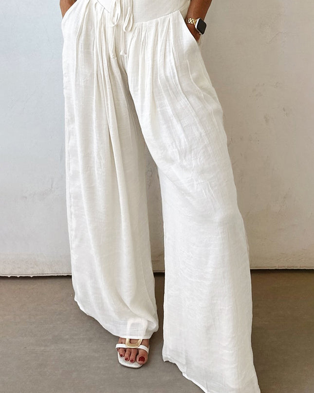 White Solid Drop Waist Pleated Wide Leg Casual Pants