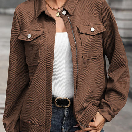 Blackish Green Solid Color Zip Up Button Flap Pocket Shirt Collar Jackets