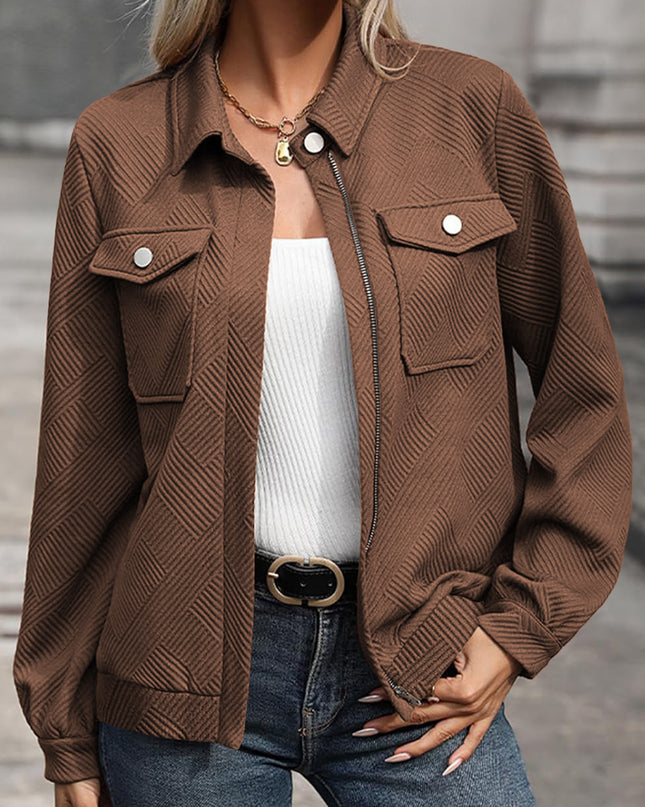 Blackish Green Solid Color Zip Up Button Flap Pocket Shirt Collar Jackets