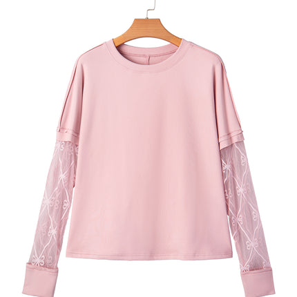 Light Pink Solid Color Bow Textured Patchwork Long Sleeve Tee