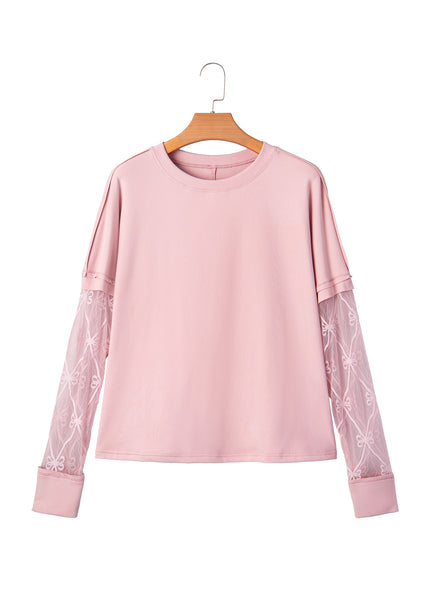 Light Pink Solid Color Bow Textured Patchwork Long Sleeve Tee