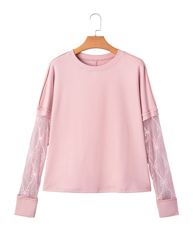 Light Pink Solid Color Bow Textured Patchwork Long Sleeve Tee
