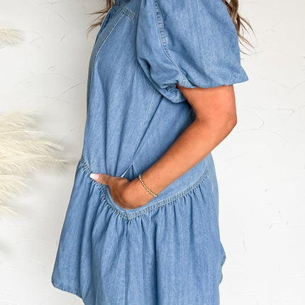 Beau Blue Button Down Short Puff Sleeve Ruffle Hem Patchwork Denim Dress