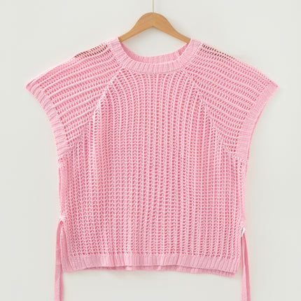 Apricot Plus Size Open Knit Bow Tie Short Sleeve Sweater