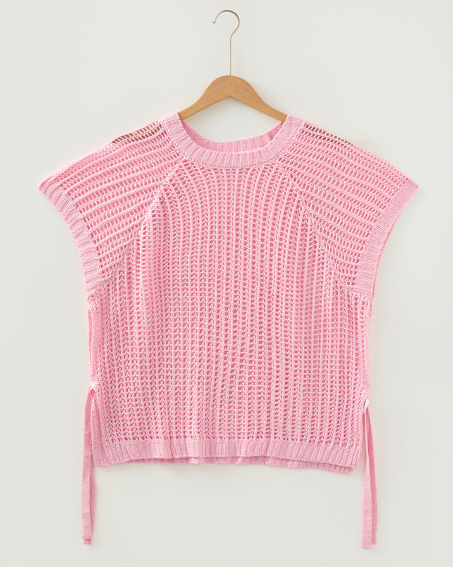Apricot Plus Size Open Knit Bow Tie Short Sleeve Sweater