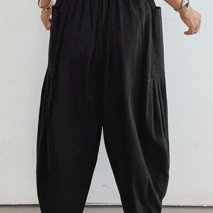 Black Drawstring Elastic Waist Patch Pocket Barrel Leg Casual Pants