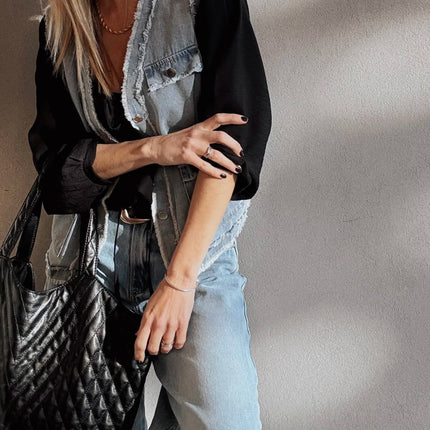 Beau Blue Frayed Edge Flap Pockets Denim Vest Jacket