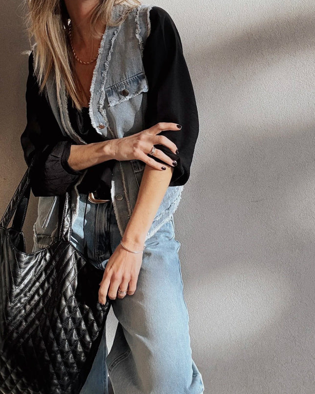 Beau Blue Frayed Edge Flap Pockets Denim Vest Jacket