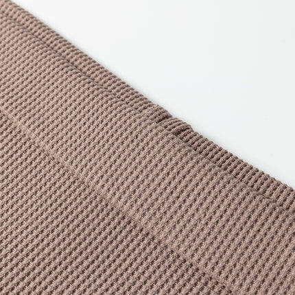 Beige Solid Color Waffle Knit Asymmetric Neck Long Sleeve Top