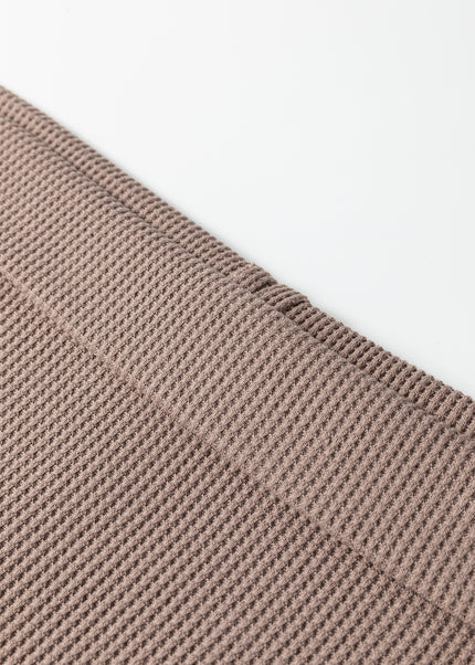 Beige Solid Color Waffle Knit Asymmetric Neck Long Sleeve Top