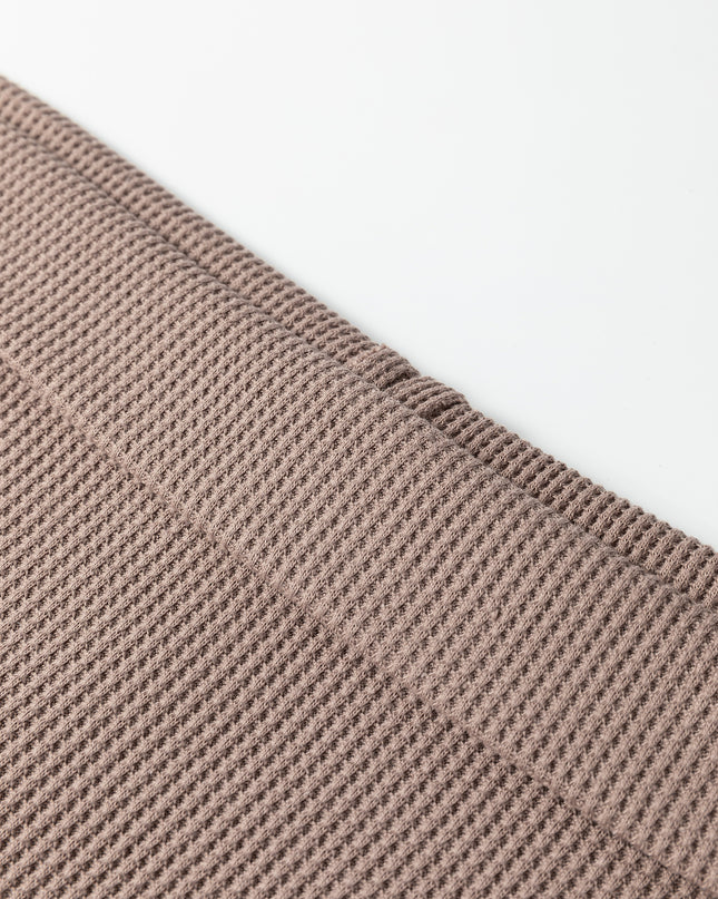 Beige Solid Color Waffle Knit Asymmetric Neck Long Sleeve Top