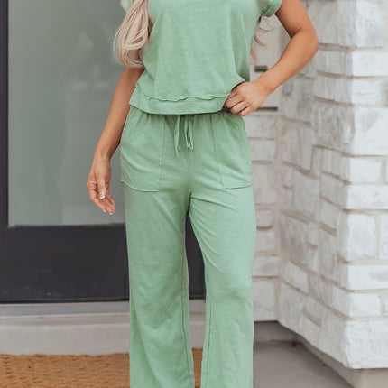 Canton Cuffed Short Sleeve Tee Raw Seam Patch Pocket Drawstring Pants Set