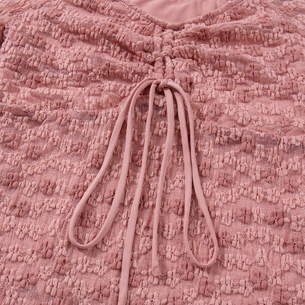 Peach Blossom Drawstring Knot Detail Floral Lace Blouse