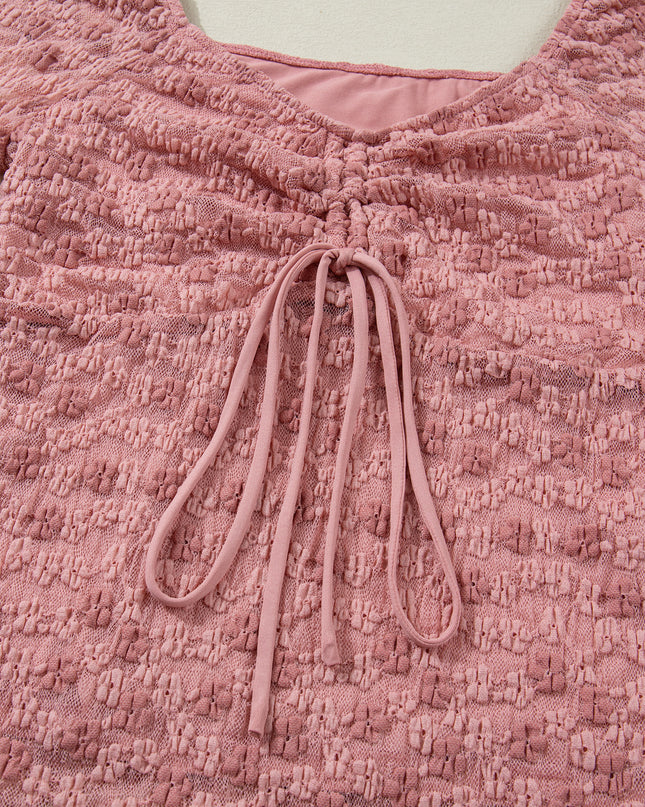 Peach Blossom Drawstring Knot Detail Floral Lace Blouse