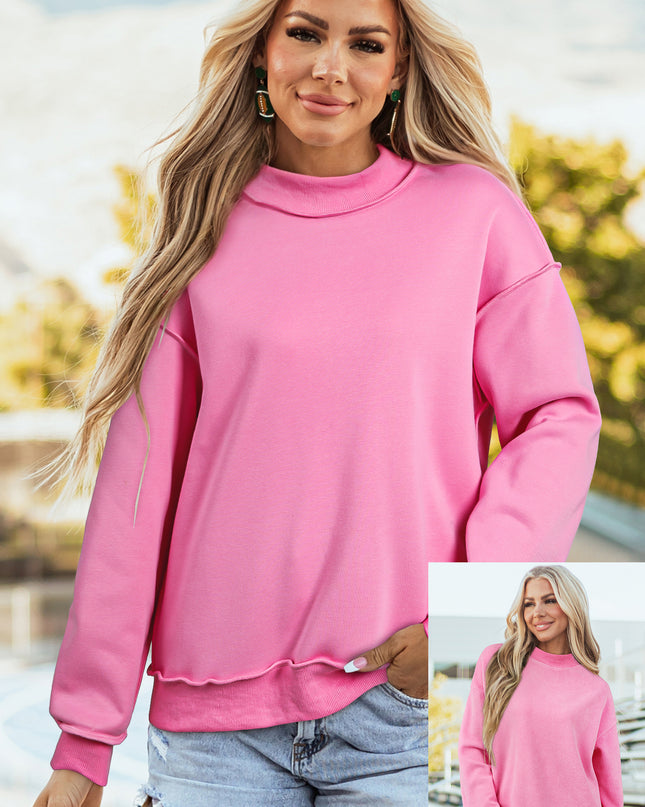 Bright Pink Oversize Drop Shoulder Reversible Mock Neck Sweatshirt