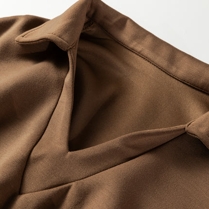 Coffee Solid Color V Neck Top and High Waist Pants Set