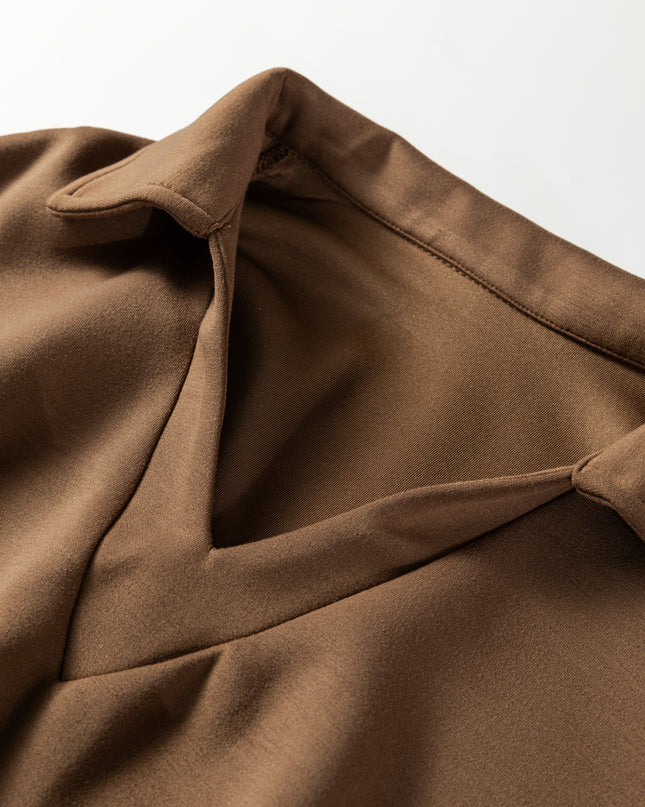 Coffee Solid Color V Neck Top and High Waist Pants Set