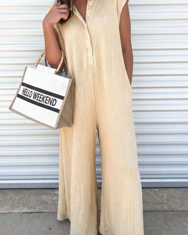 Jet Stream Half Buttons Ribbed Knit Wide Leg Jumpsuit