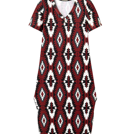Red Western Aztec Printed Long T-shirt Dress