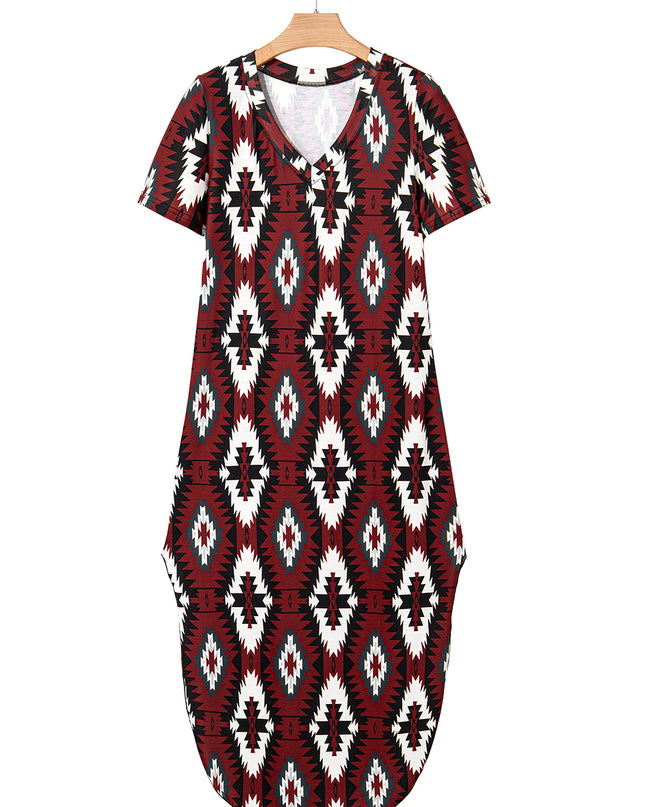 Red Western Aztec Printed Long T-shirt Dress