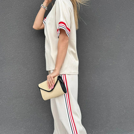 Jet Stream Contrast Striped Trim Crewneck T Shirt Loose Straight Pants Set
