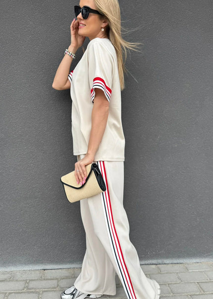 Jet Stream Contrast Striped Trim Crewneck T Shirt Loose Straight Pants Set