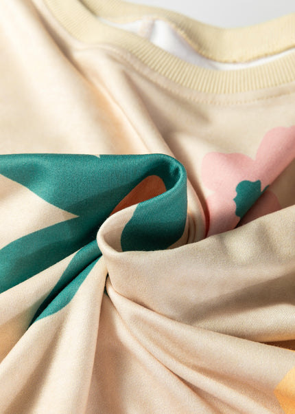 Khaki Washed French Terry Flower Print Sweatshirt