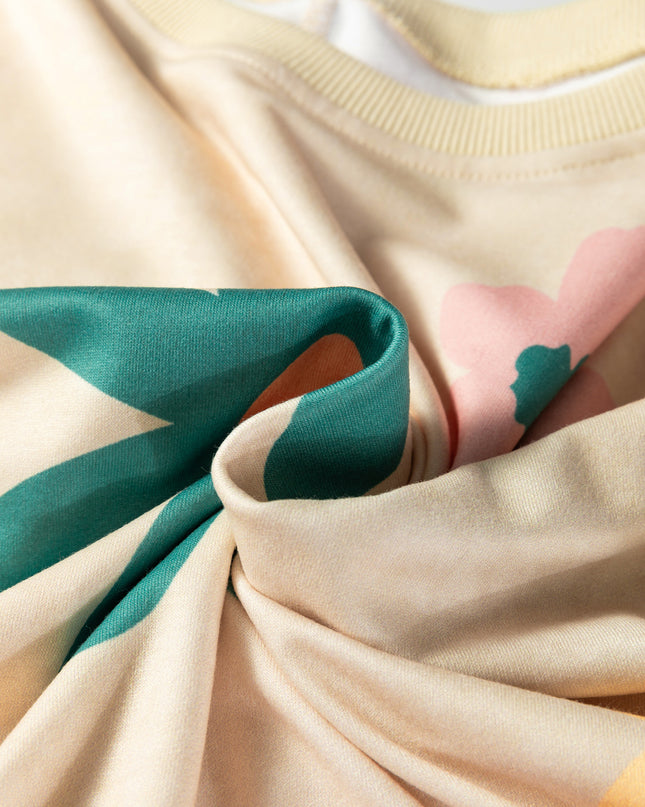 Khaki Washed French Terry Flower Print Sweatshirt