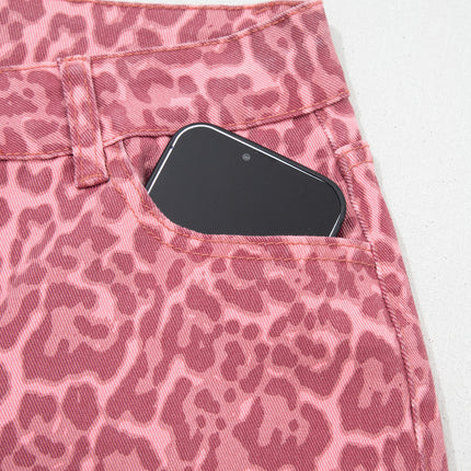 Rose Leopard Frayed Edge Wide Leg High Waist Jeans