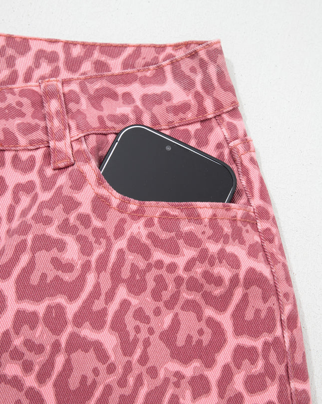 Rose Leopard Frayed Edge Wide Leg High Waist Jeans