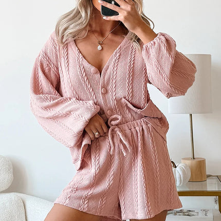 Gossamer Pink Cable Knit V Neck Cardigan Shorts Set