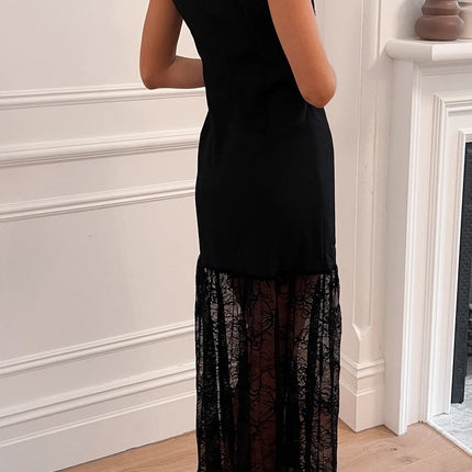 Black Solid Color Sleeveless Sheer Floral Lace Patchwork Long Dress
