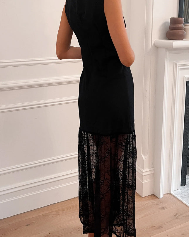 Black Solid Color Sleeveless Sheer Floral Lace Patchwork Long Dress