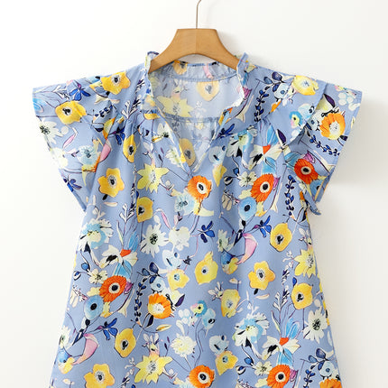 Sky Blue Flutter Sleeve V Neck Floral Top