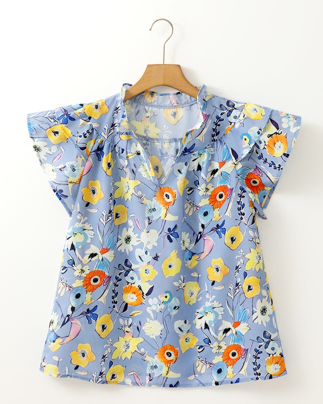 Sky Blue Flutter Sleeve V Neck Floral Top