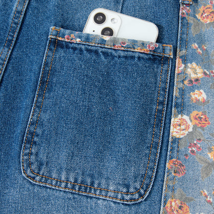 Peacock Blue Floral Patchwork Bib Denim Wide Leg Overalls