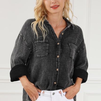 Black Crinkle Textured Chest Pockets Shirt