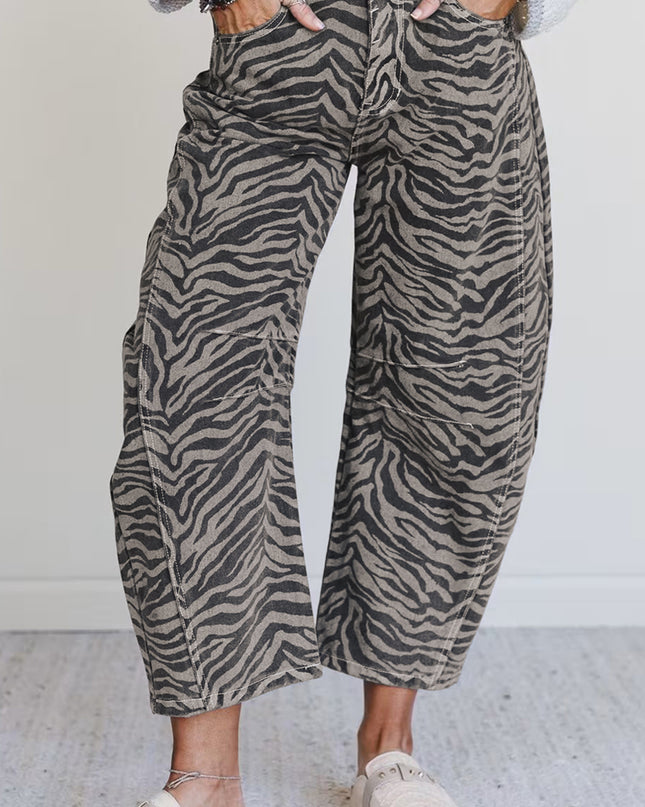 Gray Zebra Stripe Printed Wide Leg Jeans