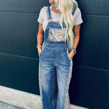 Peacock Blue Floral Patchwork Bib Denim Wide Leg Overalls