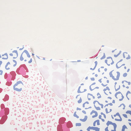 Leopard Print V Neck Short Sleeve Blouse