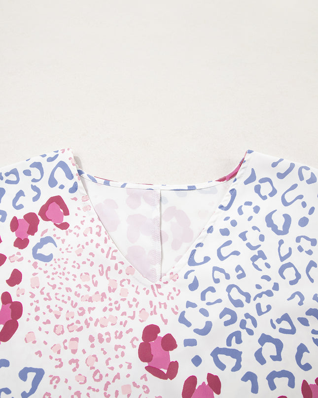 Leopard Print V Neck Short Sleeve Blouse